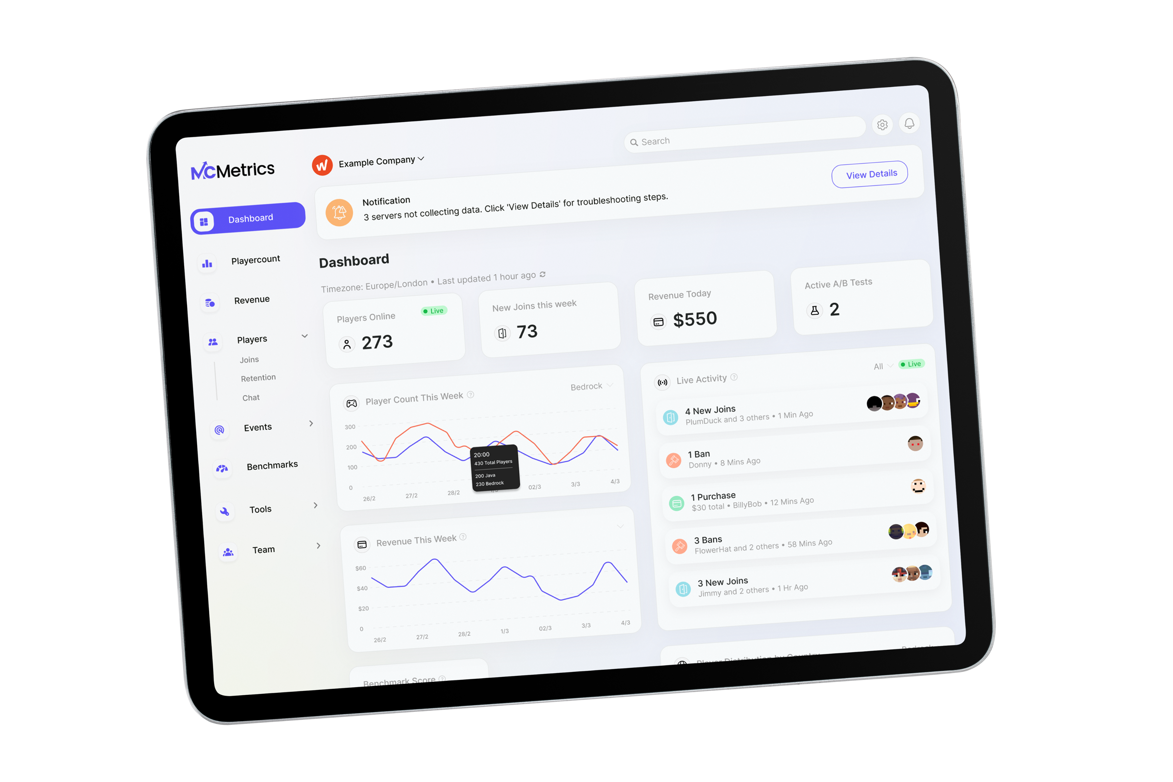 MCMetrics dashboard on tablet